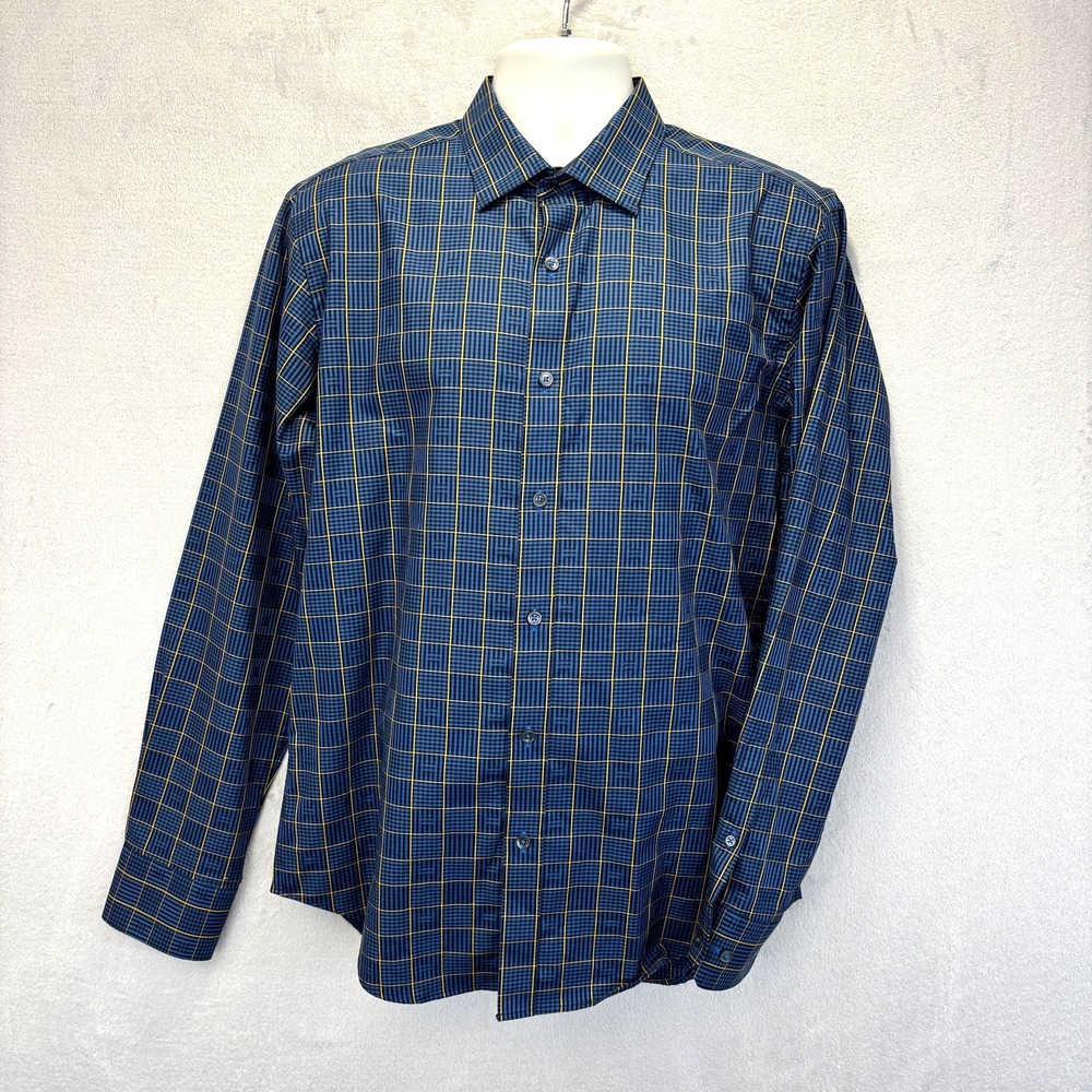 BUGATCHI Shaped Fit Button Up Shirt Mens Medium Blue Yellow Plaid Long Sleeve